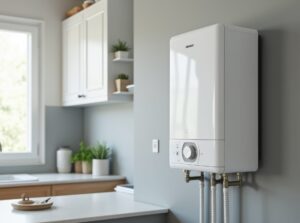 A white boiler mounted on a light gray wall.