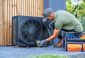 A technician in work attire cleans an outdoor air conditioning unit near a wooden wall.