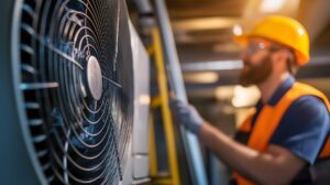 Close-up of a large fan with an HVAC technician blurred in the background.