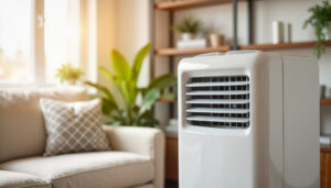 Sleek portable air conditioner cooling modern living room, home comfort.