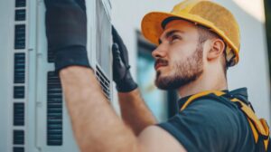 HVAC technician installing an air conditioning unit.