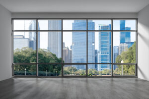 Downtown Chicago City Skyline Buildings from High Rise Window. Beautiful Expensive Real Estate overlooking. Epmty room Interior Skyscrapers View in Penthouse Cityscape. Day time. 3d rendering.