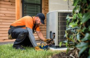 HVAC technician working on a heat pump, highlighting the intricate details and precision required for efficient repair.